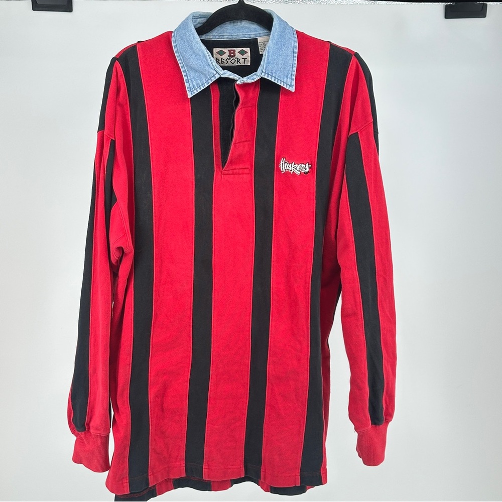 Vintage Nebraska Cornhuskers‎ Red Black Striped Long Sleeve Polo Denim Collar XL